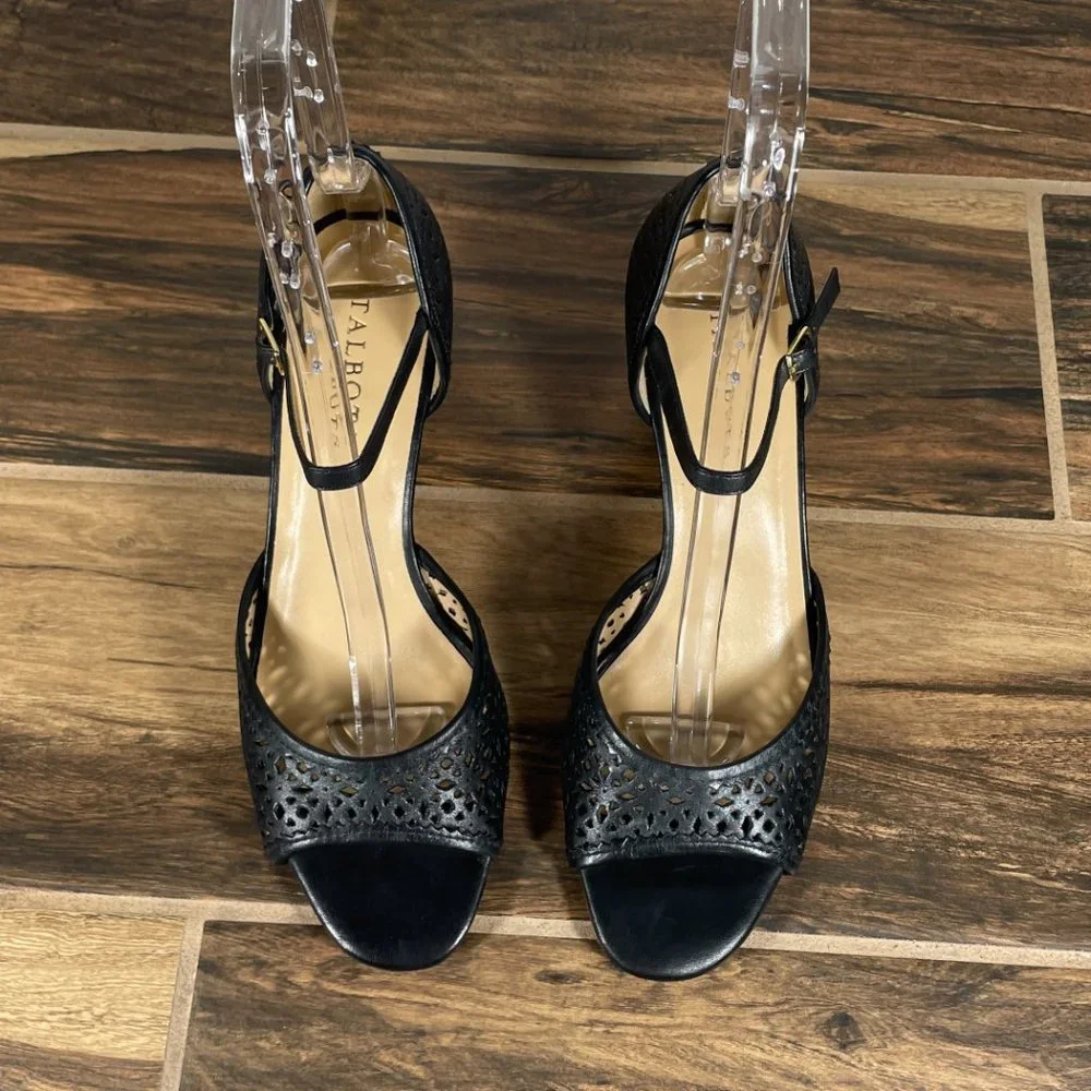 Talbots Womens Sz 8.5 Shoes Black Leather Open Toe Mary Jane Comfort Wedge